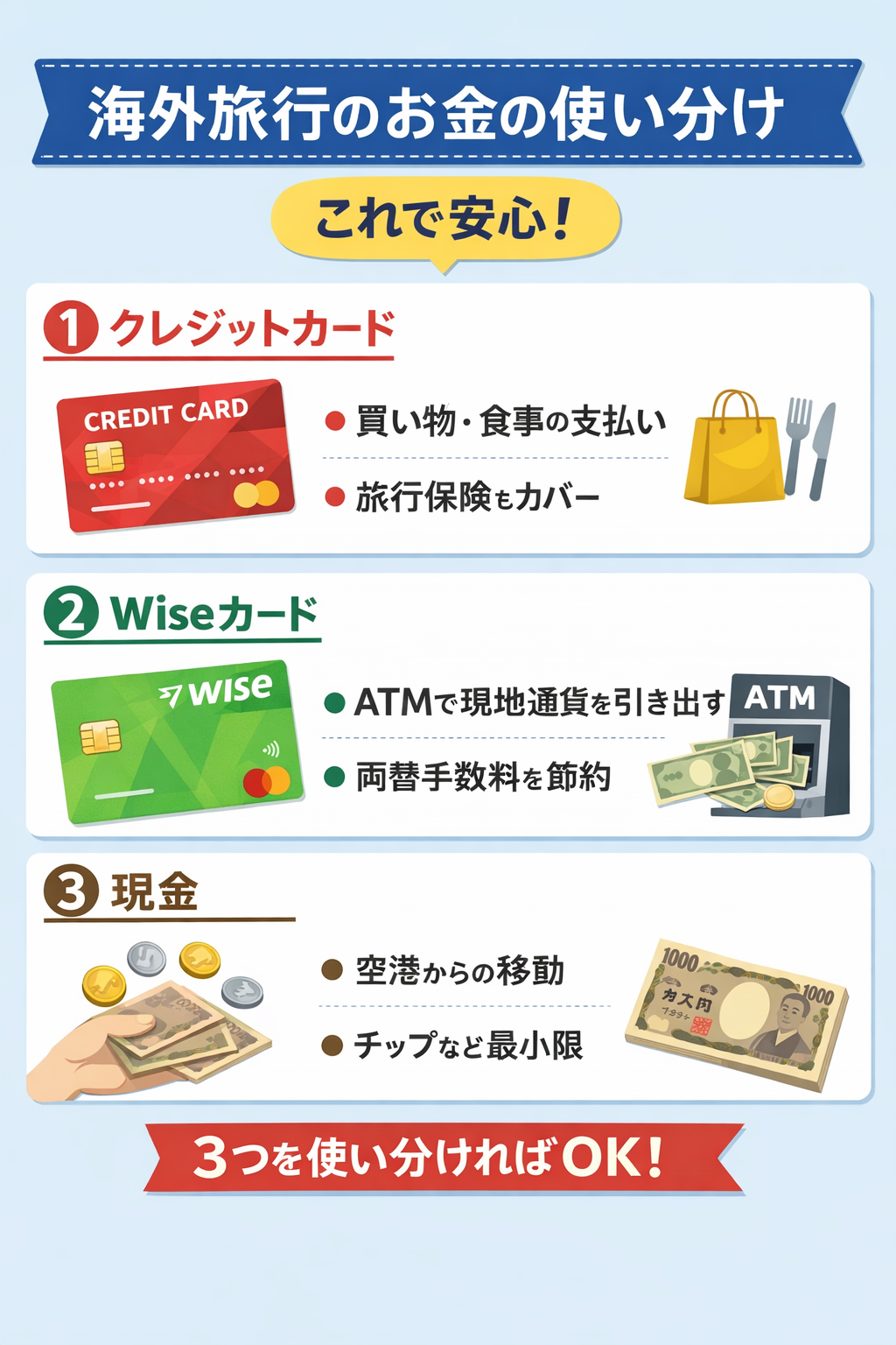 海外旅行のお金の使い分け図